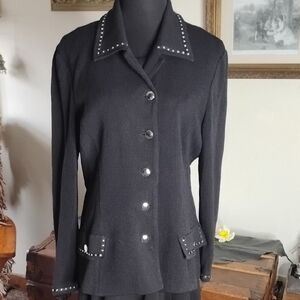 St  John Collecion By Marie Gray Black Studded Button-Up Knit Jacket